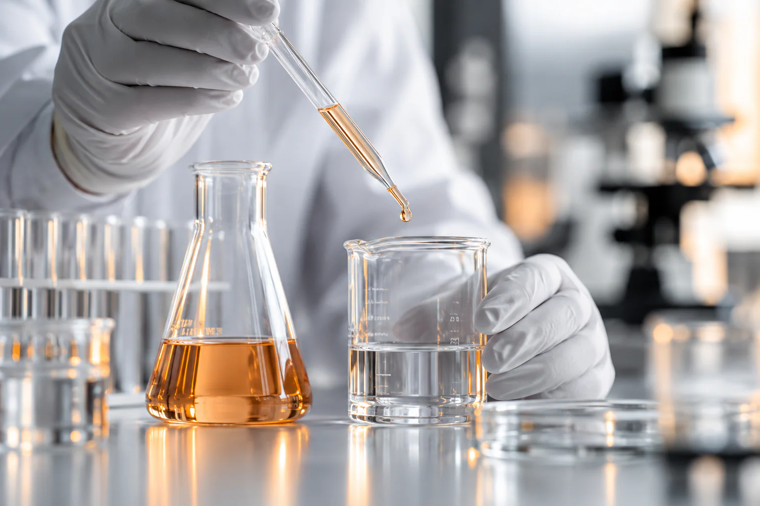 Laboratory glassware and a pipette illustrating healthcare research