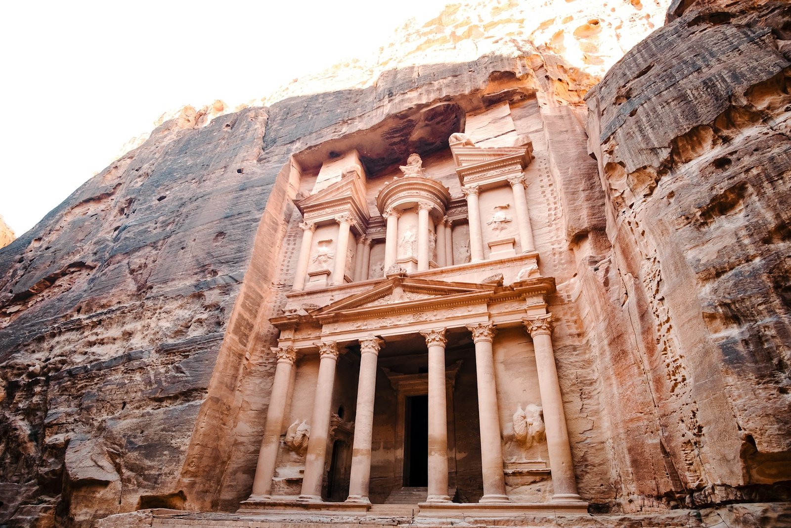 The Treasury at Petra in Jordan, carved into rose-colored sandstone